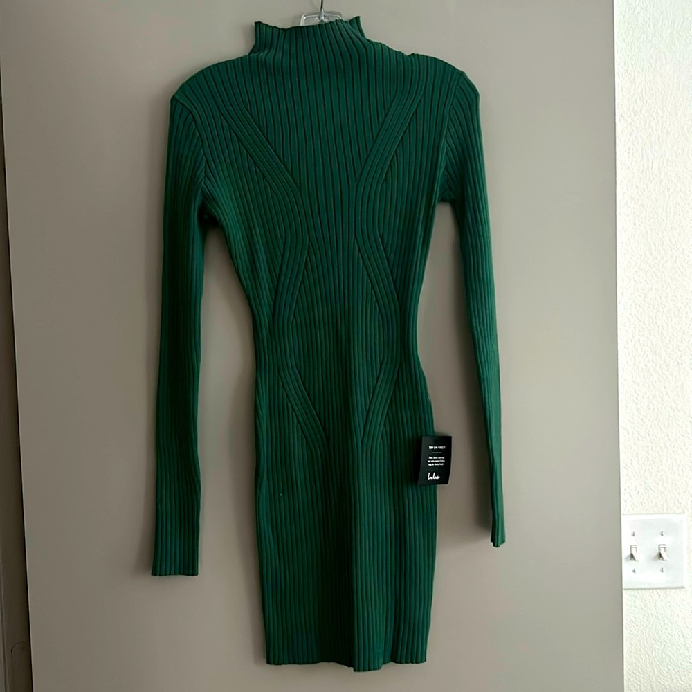 Dark green, ribbed, mock neck sweater dress